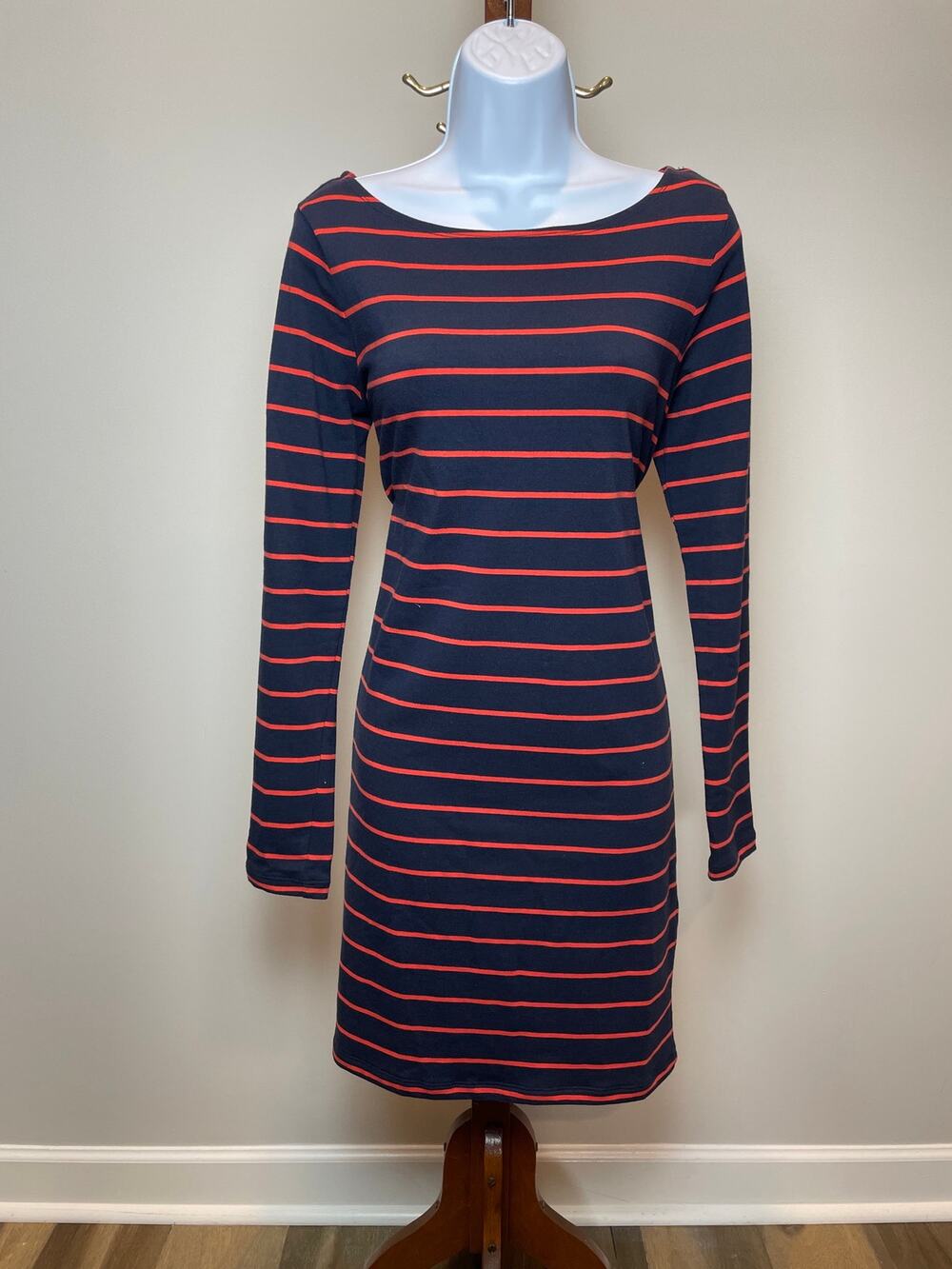 St Tropez West Dress Size M Navy Orange Striped Knit Long Sleeve Cotton Blend